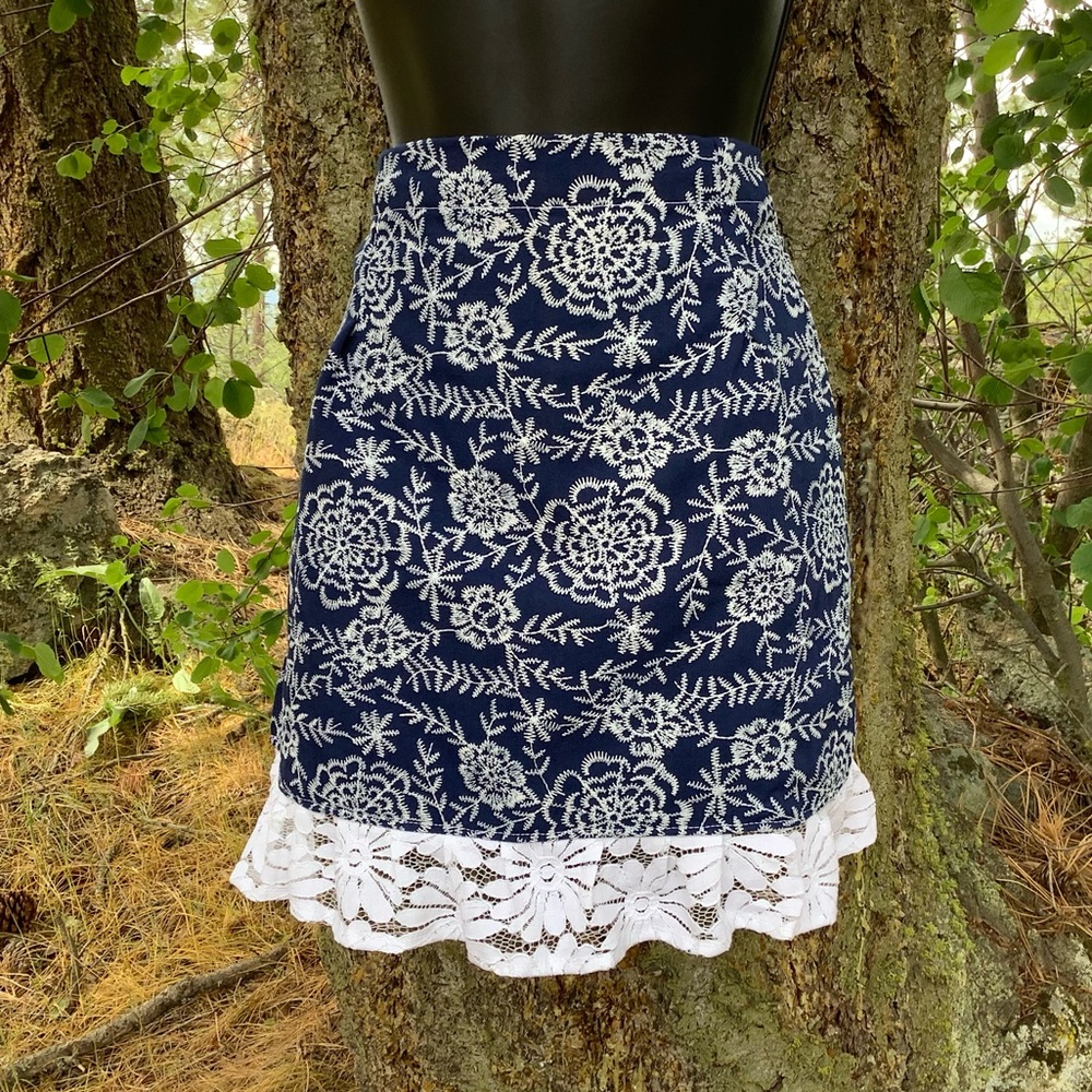Blue embroidered denim fabric Kitchen apron Gift idea for Women Blue Half Apron